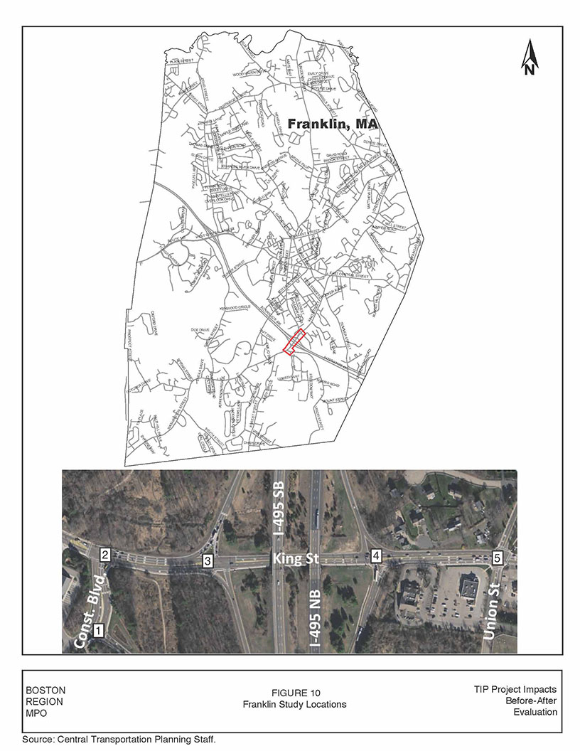FIGURE 10. Franklin Study LocationsFigure 10 is a GIS map of the Town of Franklin and includes an aerial insert of the King Street corridor. The aerial image illustrates the five Franklin study intersections along the King Street corridor (Constitution Boulevard at Upper Union Street; King Street at Constitution Boulevard; King Street at I-495 Southbound Ramps; King Street at I-495 Northbound Ramps; and King Street at Union Street).